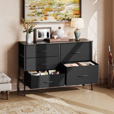 Chaseburg 39.4'' 5-Drawer Dresser With Wooden, Chest of Drawer For Bedroom, Black Dresser With Steel Frame
