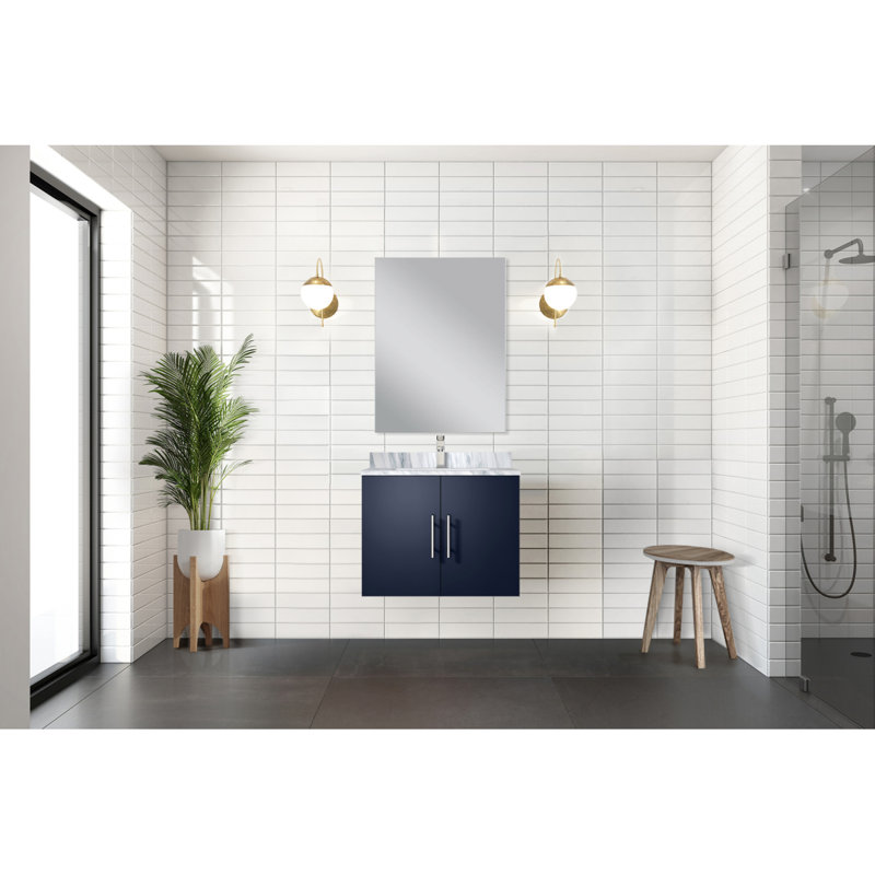 Ensemble de meuble-lavabo simple bleu marine l 24 po x P 22 po, comptoir en marbre de Carrare, miroir 18 po et robinet, Blanc