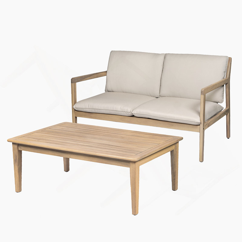 Causeuse d'extérieur en bois d'acacia avec table basse, structure en teck clair, coussin beige