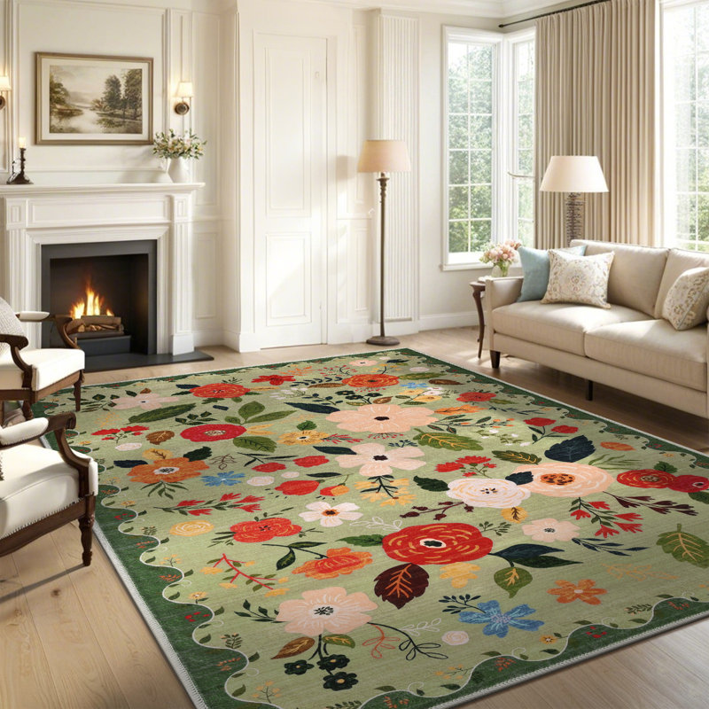 Tapis floral vert lavable à la machine avec envers antidérapant, Rectangle 5 pi x 7 pi