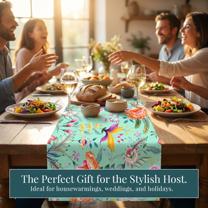 Decozen Naida Floral Table Runner in Chintz Green and Pink for Dining Table and Christmas Decor