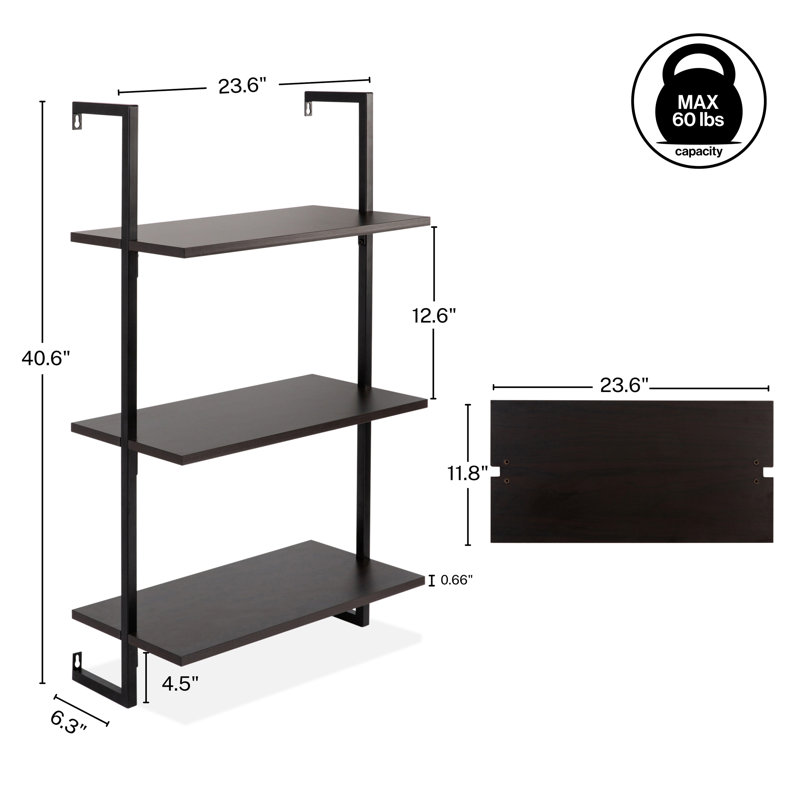 Honoria Classic Industrial 3-Shelf Wood Wall-Mounted Open Ladder Bookcase with Metal Frame, Black