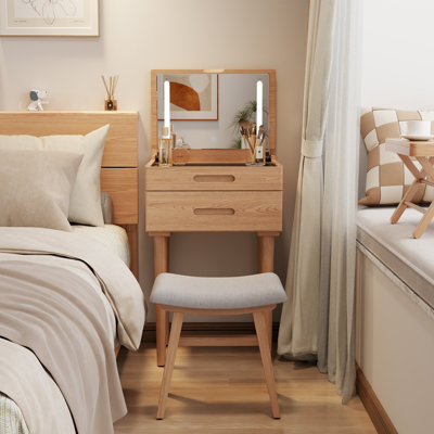 Coiffeuse de maquillage en bois massif, miroir lumineux à couvercle rabattable, à intensité variable 3 modes, avec tiroirs