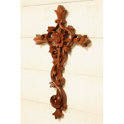 16 "en bois sculpté à la main spirale florale croix murale plaque relief panneau suspendu sculpture artisanale cadeau Art Home Decor Accent décoration faite à la main