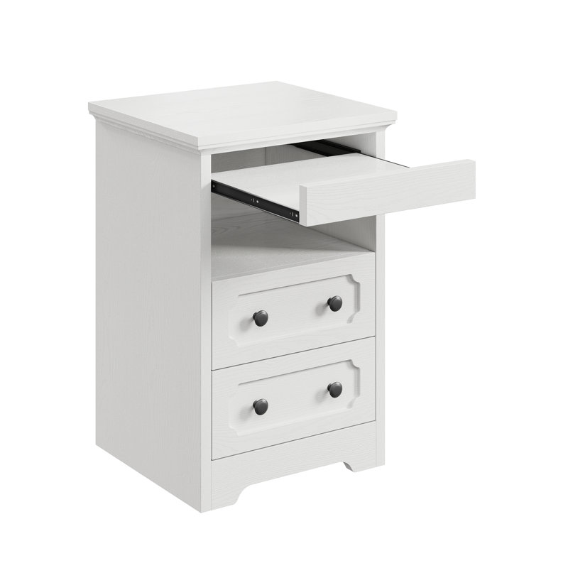 Modern Nightstand With 2 Drawers And Pull Out Tray, Side Table With Open Shelf, End Table For Bedroom, Living Room, White