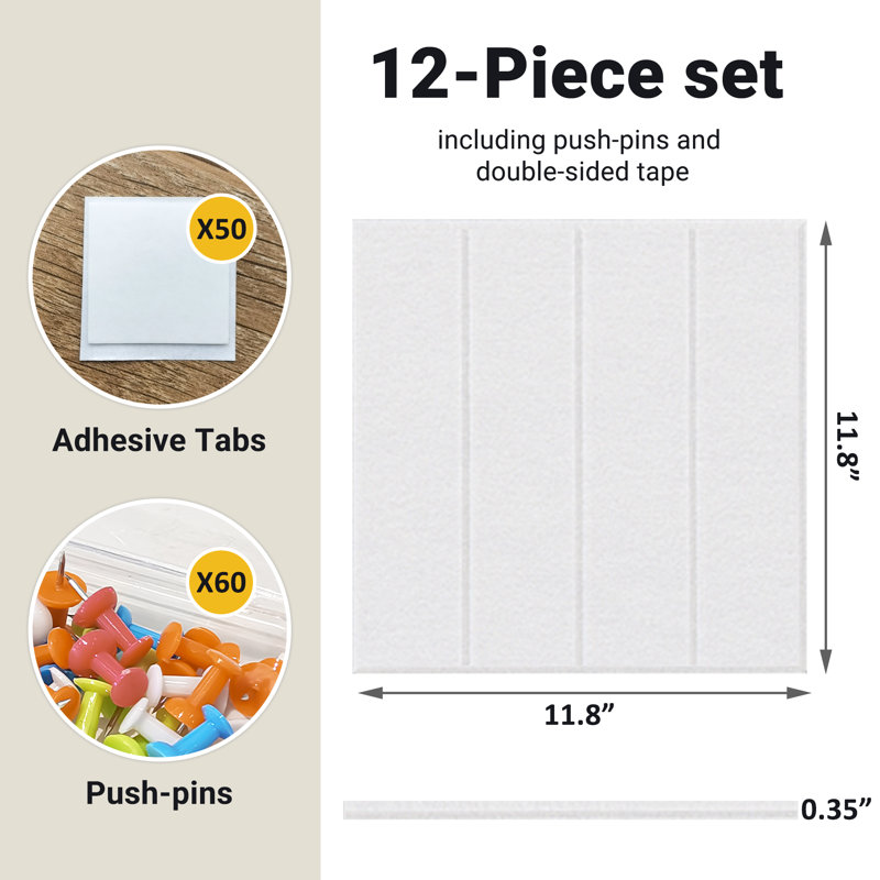 Textured Felt Wall Panels With Stripes, Bulletin Boards, 12-Piece Set, With Pushpins, White