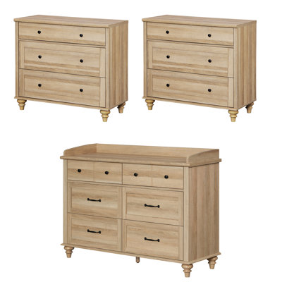 3 Piece Bedroom Set - Includes Mid Century 6 Drawer Dresser, Set Of 2 Bedside Tables With 3 Drawers, 3 Piece Dresser And Nightstand Sets, Oak
