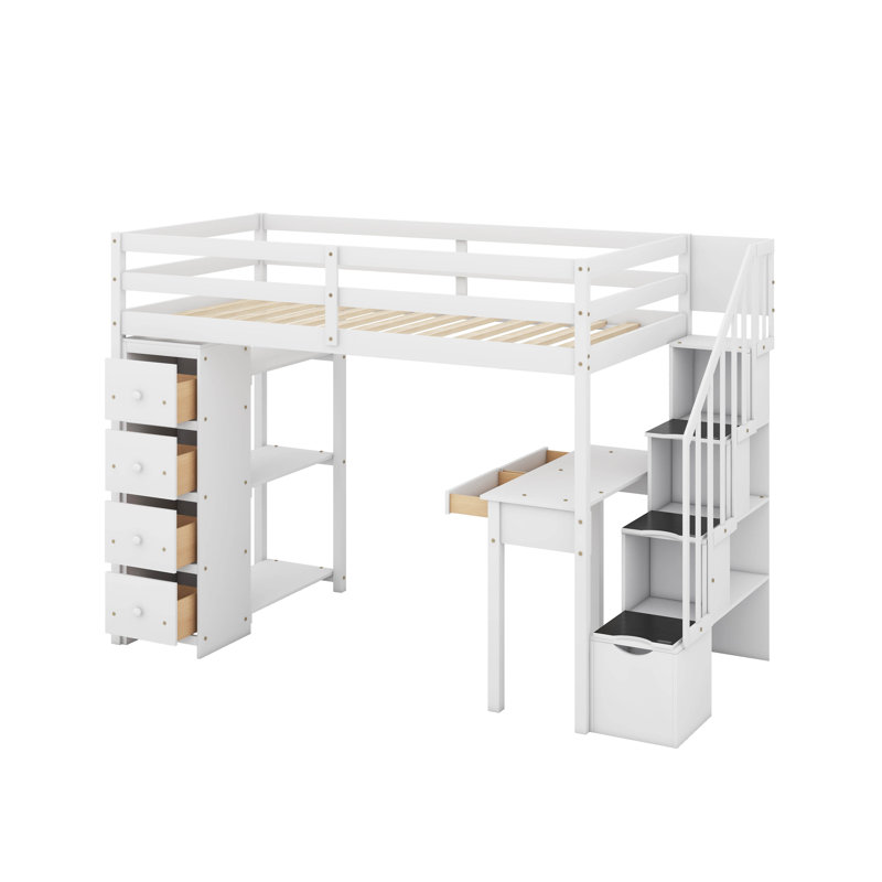 Twin Loft Bed With Drawers,Desk And Stairs, White
