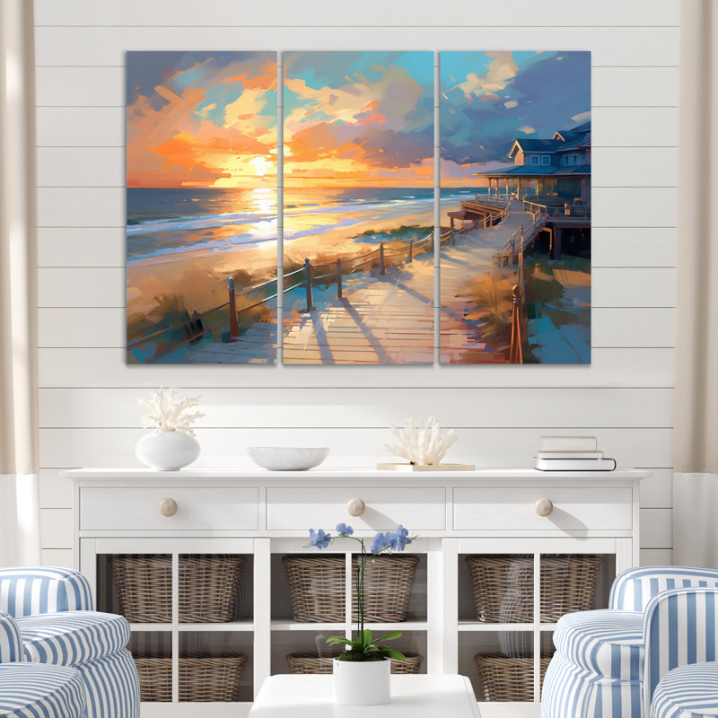 Plage, route, coucher de soleil majestueux - ensemble de reproductions d'art mural plage, H 28 po x l 36 po x P 1 po