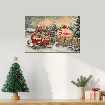 Art mural de Noël sur toile, peinture de scène de traîneau d'hiver classique, impression sur toile de vacances de pins, affiche de joyeux Noël, décoration murale de ferme rétro pour le salon, impressions photo prêtes à accrocher, 12 po x 18 po