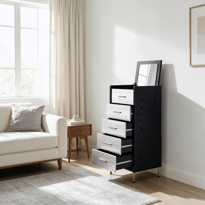Armoire à bijoux noire et argentée à 4 tiroirs, armoire de rangement autoportante avec glissières en métal pour l'organisation de la chambre à coucher