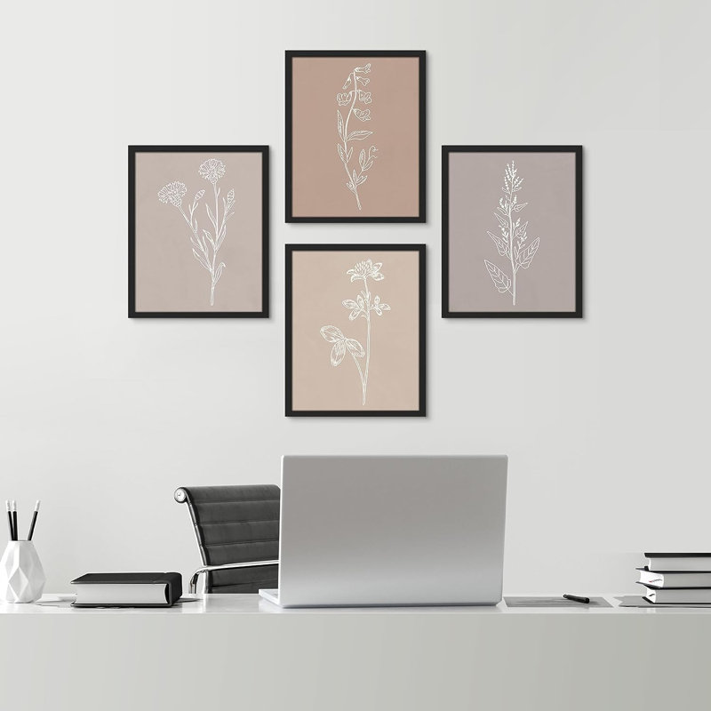 «Wildflower», dessin de silhouettes encadrées, 4 pièces, Cadre noir, H 14 po x l 11 po x P 1 po