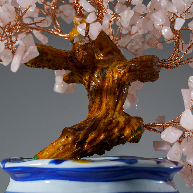 Genuine Rose Quartz Bonsai Tree in Round Ceramic Pot (8.5")