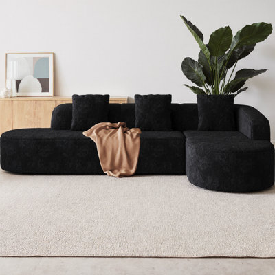 Canapé modulaire incurvé modulaire en L avec tissu en polyester à poils longs texturé litchi, canapé Cloud moderne avec dossier incurvé et 3 coussins inclus, aucun assemblage requis