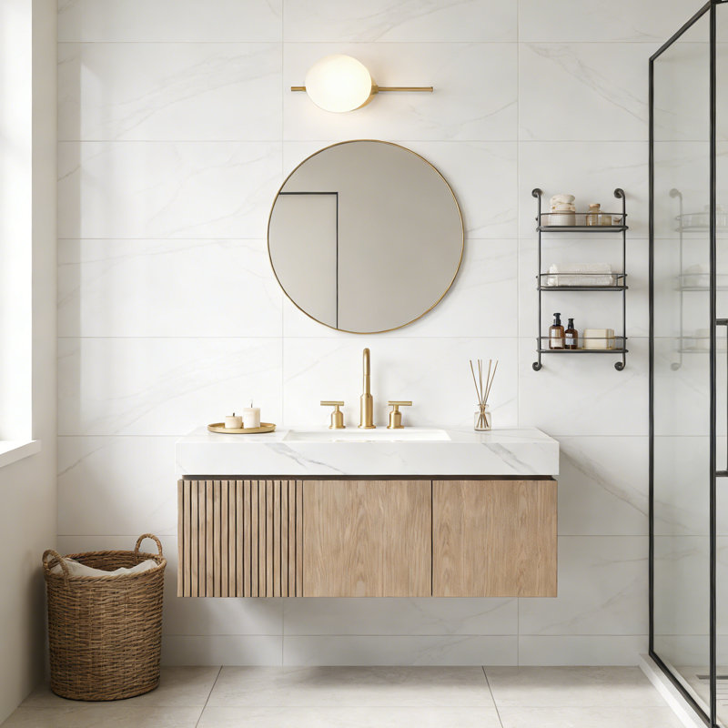 Meuble-lavabo flottant avec espace de rangement multifonctionnel et 3 trous de robinet pré-percés, Marron clair