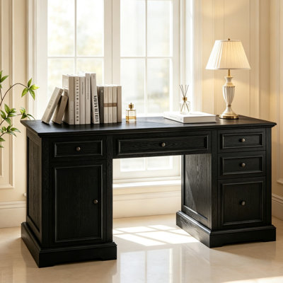 60" Farmhouse Executive Desk, Modern Computer Desk with Wood Drawers, File Cabinet & Adjustable Shelf for Home Office