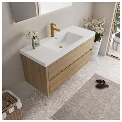 Meuble-lavabo mural 48 po avec lavabo en résine de pierre, armoire de rangement flottante au fini chêne naturel, tiroirs à fermeture en douceur, pré-assemblé