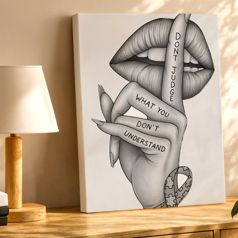 Noir et blanc, lèvres, citation à la main, impression, impression sur toile, impression sur toile, H 18 po x l 24 po