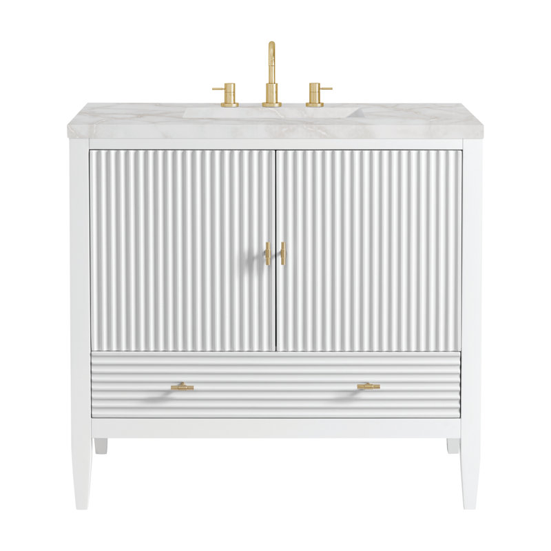 Myrrin 36'' W Single Vanity, Bright White, Victorian Silver Silestone, 8" Widespread