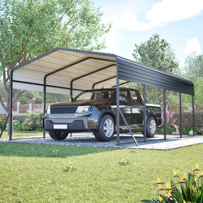 Abri de voiture en métal 13 pi x 20 pi, garage avec cadre renforcé et 4 poteaux, toit en acier galvanisé, protection robuste pour voitures, camions, bateaux, équipement extérieur, spacieux, abri d'auto, toutes saisons