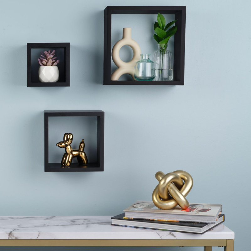 Ensemble de 3 tablettes murales carrées flottantes Melannco - Bois, noir, Noir
