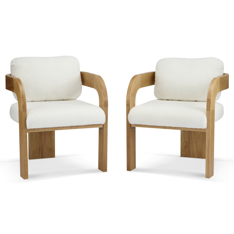 Ensemble de 2 chaises de salle à manger avec dossier coussiné, tissu blanc bouclé, structure en bois massif de couleur naturelle