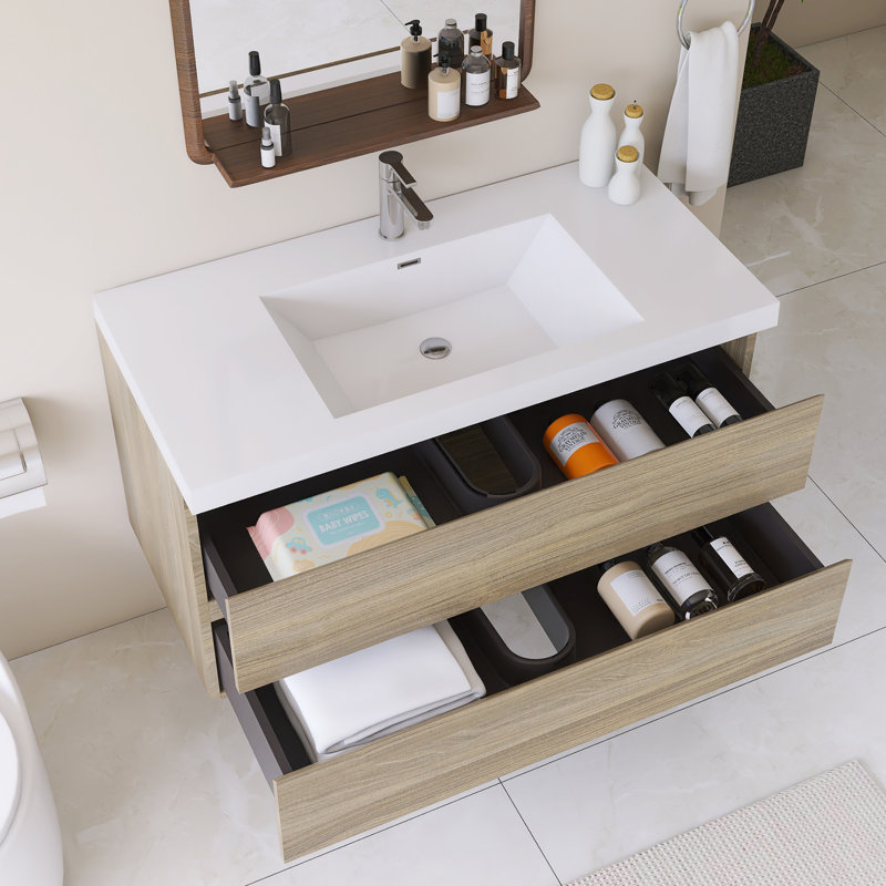 Meuble-lavabo mural simple avec plateau en résine intégré blanc, Gris, 42"