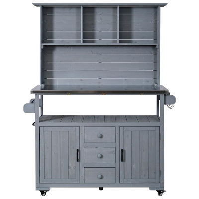 Outdoor Potting Bench Table with Stainless Steel Top and Lockable Wheels for Gardening or BBQ