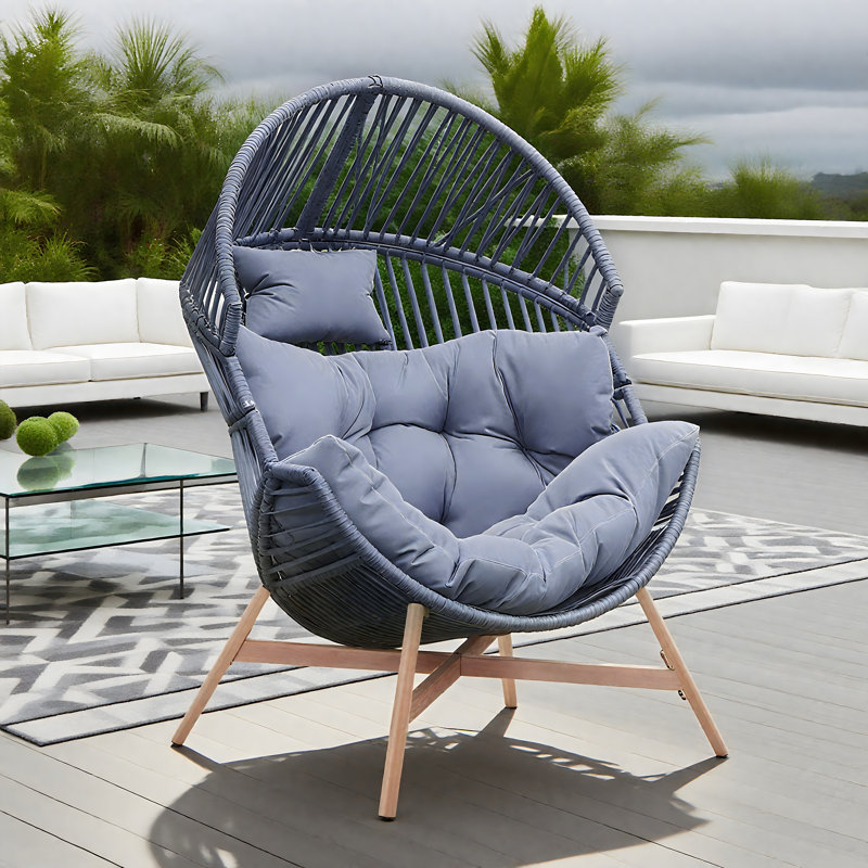 1-person Metal Outdoor Patio Swing Eggchair Dark Blue Color Wicker With Dark Bluecushion