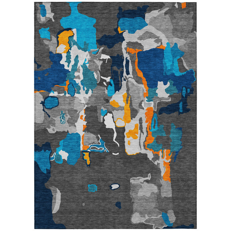 Tapis intérieur lavable abstrait charbon et bleu sarcelle 9 pi x 12 pi