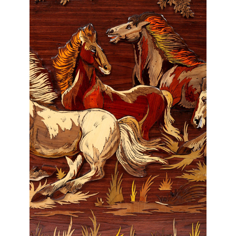 Grand "Sept chevaux qui courent", art mural en bois incrusté en 3D de 60 pouces pour un décor inspiré du Vastu et du Feng Shui