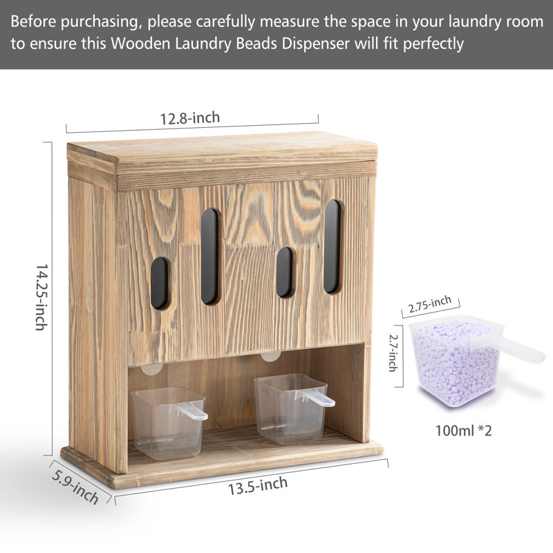 Wall-Mounted Wood Laundry Beads & Powder Detergent Dispenser With 2 Cups, Rustic Brown