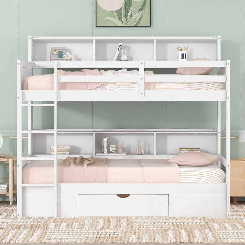 Lit superposé simple avec tablettes intégrées et tiroir de rangement, Blanc