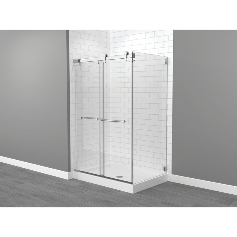 Porte de douche sans cadre avec porte de contournement l 35 po x H 74 po Exploria, Chrome