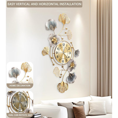 Horloges pour le salon, grande horloge murale, horloge murale silencieuse en 3D, conception de feuille de ginkgo en métal rétro, pour horloges murales décoratives de cuisine de chambre à coucher (32 po x 18 po)
