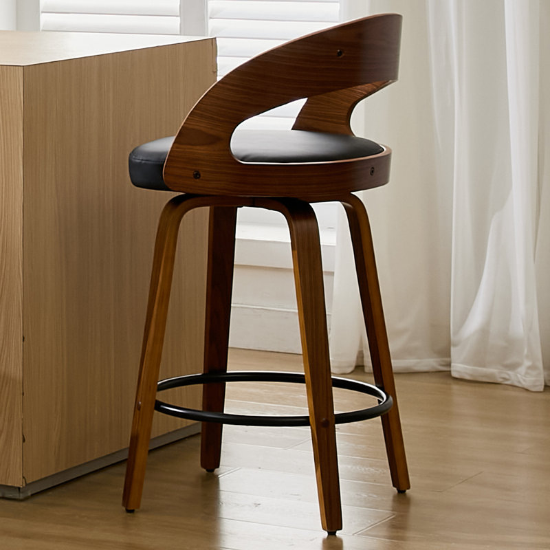 Tabouret de comptoir pivotant moderne en similicuir de 26 po avec cadre en bois, Noir