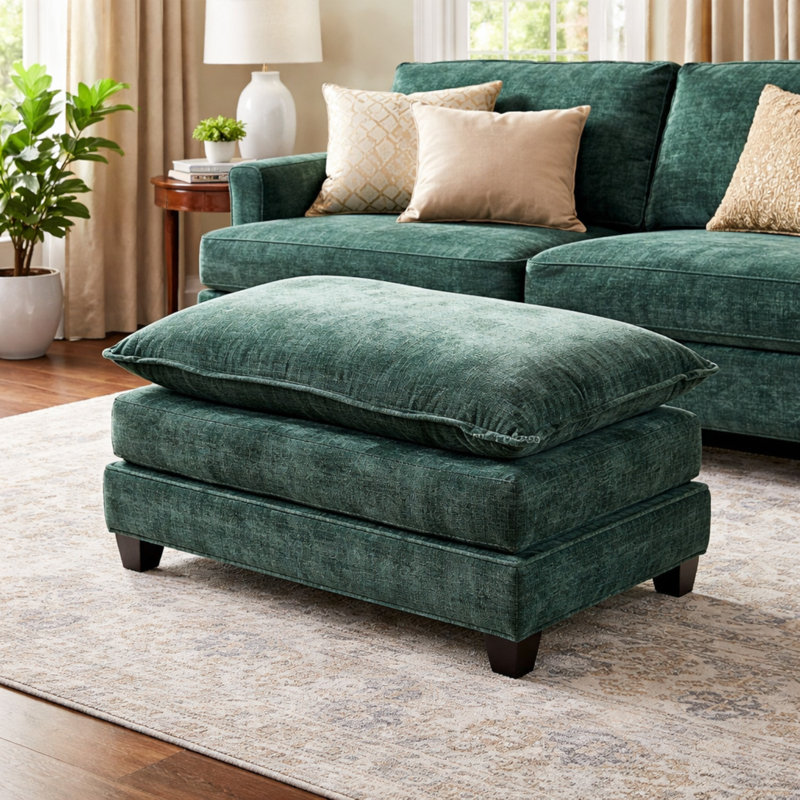 Geneveve Chenille Upholstered Ottoman with Compressed Foam Cushion, Green