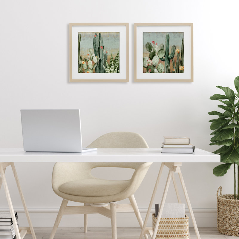 «Cactus Blooms parmi les épines», ensemble de 2 impressions sous verre encadrées, design par Luna Mavis, H 13 po x l 13 po