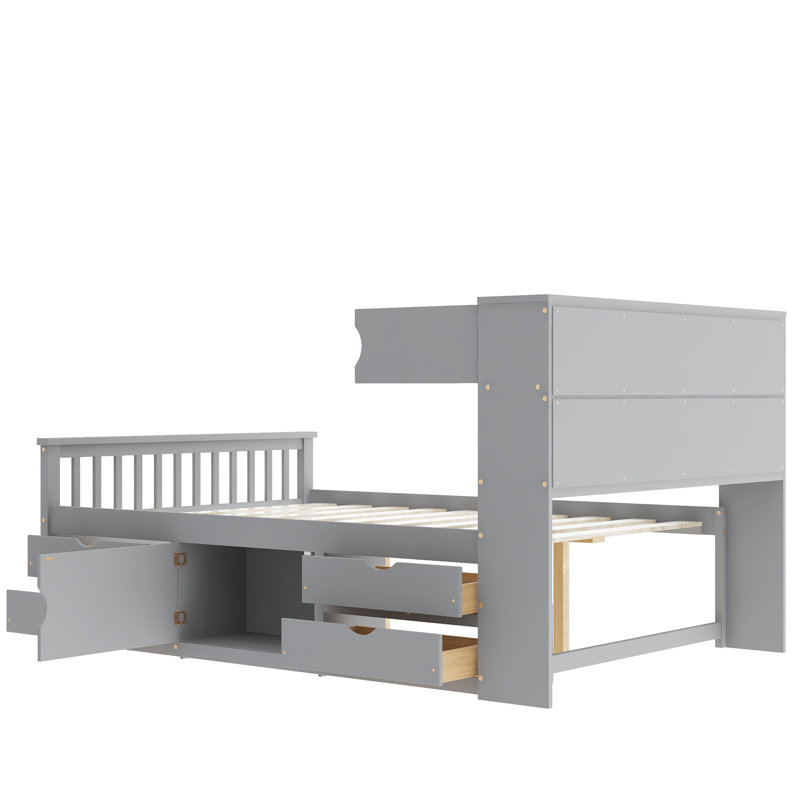 Structure de lit plateforme double pleine grandeur avec bibliothèques de rangement et tablettes, quatre tiroirs, Gris
