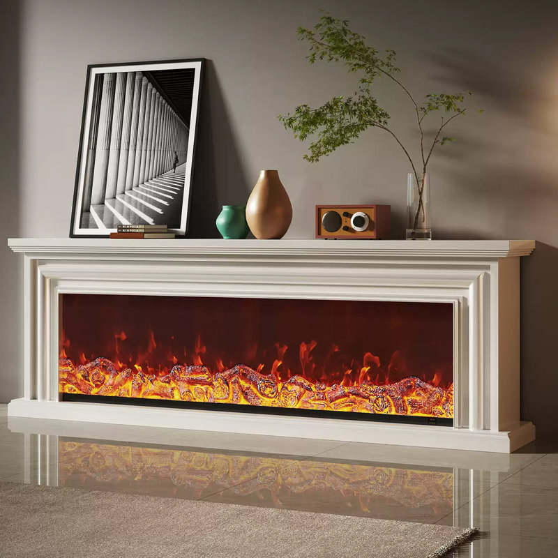 Solid + Manufactured Wood Freestanding TV Cabinet Fireplace, 23.62" H x 70.87" W x 12.6" D, White