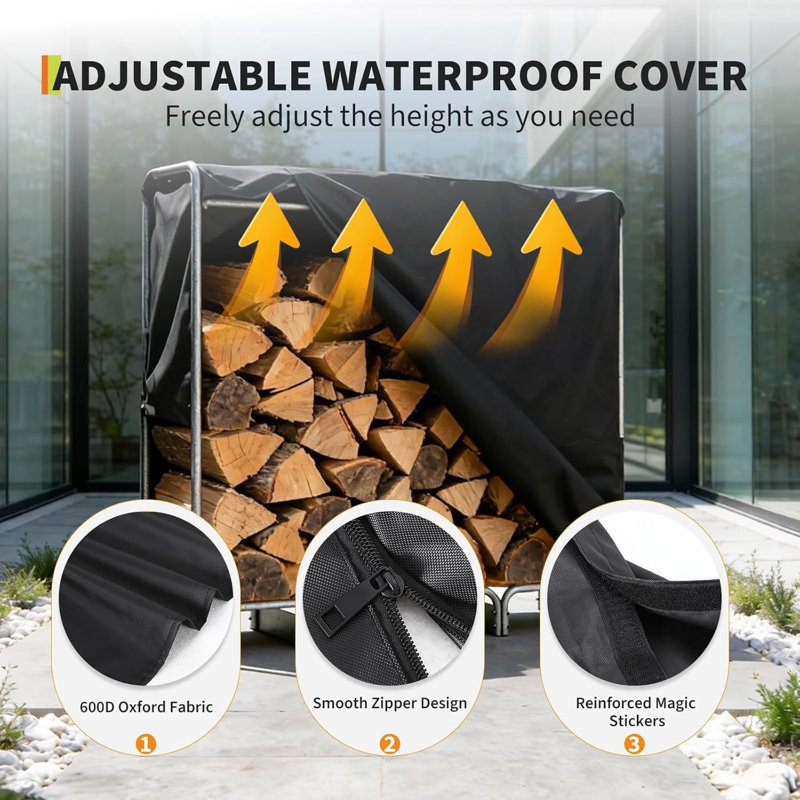 4/8FT Firewood Rack with 600D Oxford Waterproof Cover Combo Set, Heavy Duty Indoor/Outdoor Steel Log Storage Rack - Wood Pile Holder Stacker Organizer for Fireplace, Patio, Fire Pit
