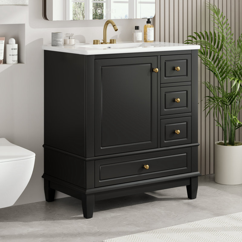 Bathroom Vanity with Sink, Three Drawers and Soft Close Door, Black/Gold