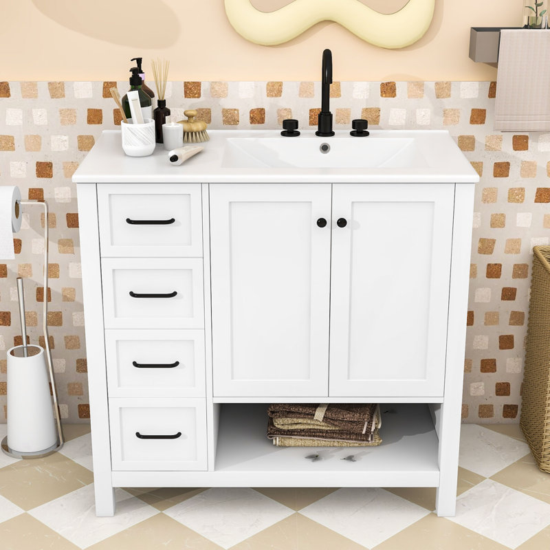Meuble-lavabo à tiroir avec lavabo en céramique, tablette ouverte et armoire de rangement, Blanc