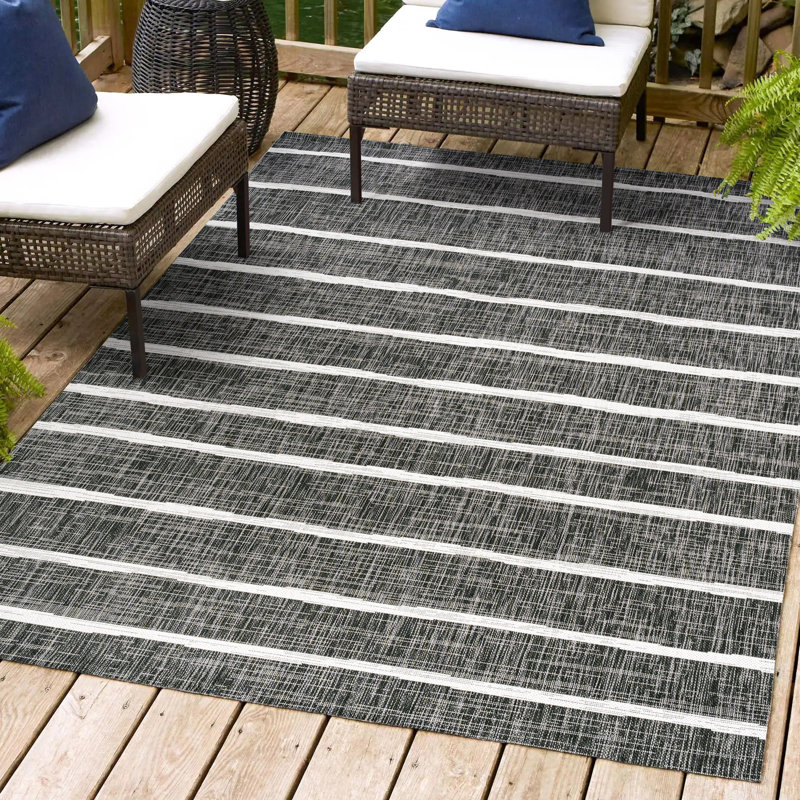 Siegert Berber Stripe Black/Ivory Indoor/Outdoor Rug, Rectangle 6' x 9'