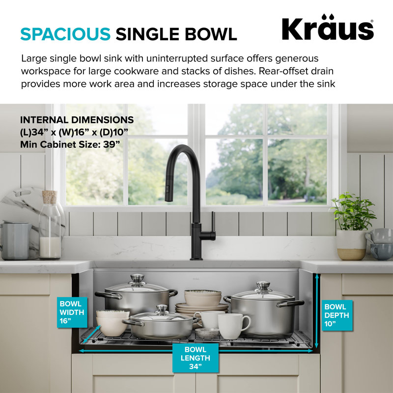 KRAUS Kore™ Workstation Farmhouse Apron Front 16 Gauge Single Bowl Kitchen Sink, Stainless Steel, 36" L X 20.25" W X 10" H