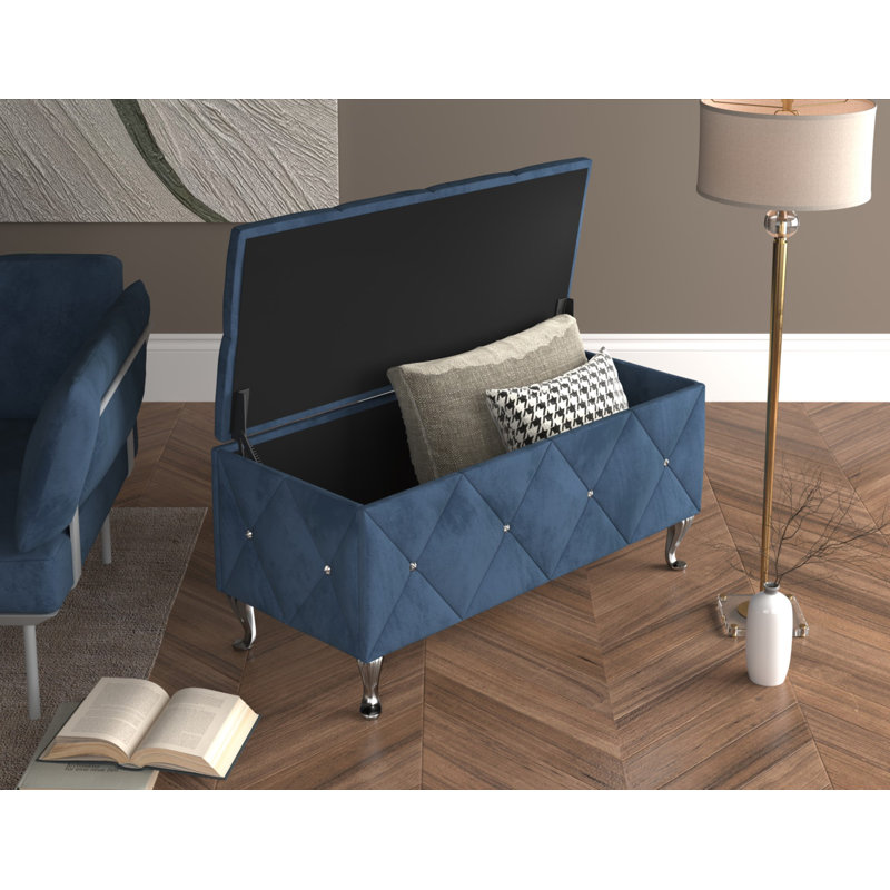 Banc de rangement rembourré Carnes, H 18,9 po x l 42 po x P 18,3 po, Bleu