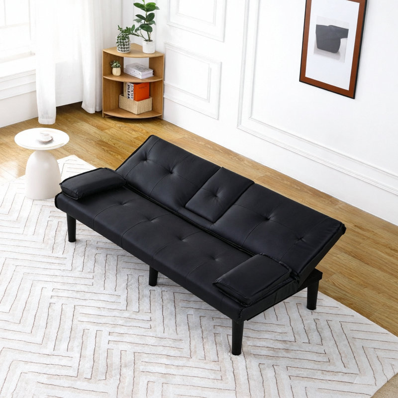 The 67-Inch Black PVC Multi-Functional Sofa Bed With A Foldable And Cup Holder Design Makes It Extremely Convenient To Turn The Living Room Into A Guest Room