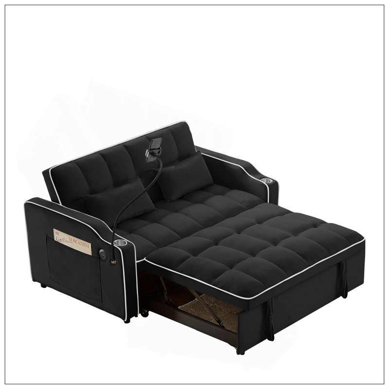 1 canapé-lit pliable polyvalent en 3 longueurs, canapé-lit moderne en velours, dossier réglable et avec port USB, cendrier et support pour téléphone pivotant