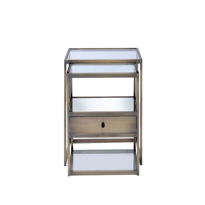 Leeroy Contemporary Glass Frame Rectangular Nesting Table Set with Storage in Antique Brass and Clear