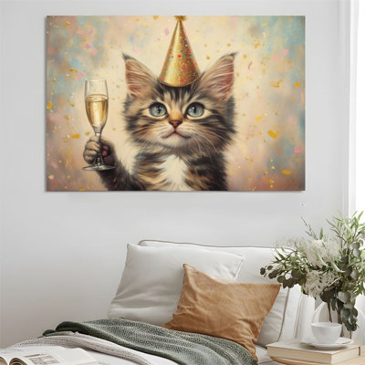 Framed Canvas Wall Art - Party Cat with Champagne Glass, Realistic Oil Painting Style - 24" x 36" for Living Room and Bedroom
